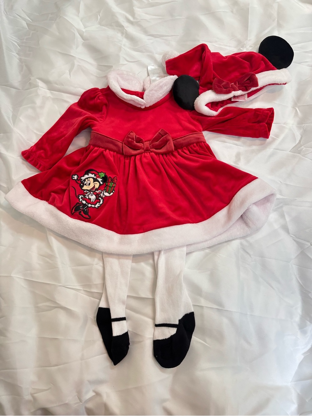 Disney Red Minnie Mouse Holiday Dress Costume with Hat Ears tights 6-9m